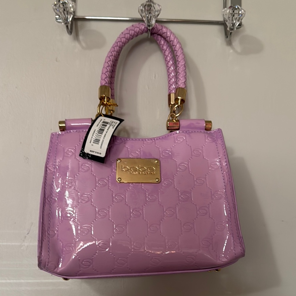 Bebe Purple Mini Bag with Glossy Finish and Gold Accents